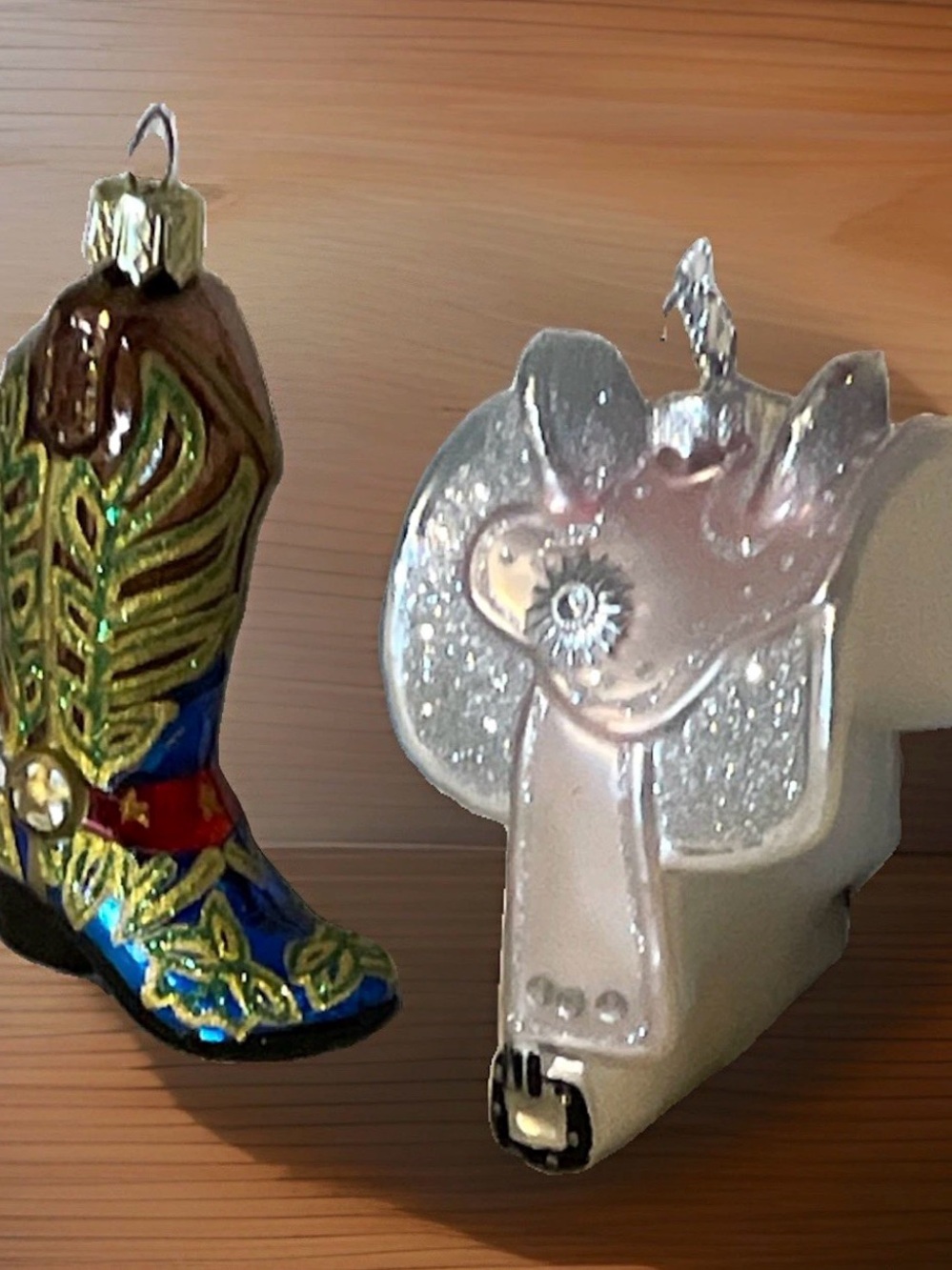 Yeehaw! Vintage Midwest Blown Glass Cowboy Boot & Saddle Christmas Ornaments Lot